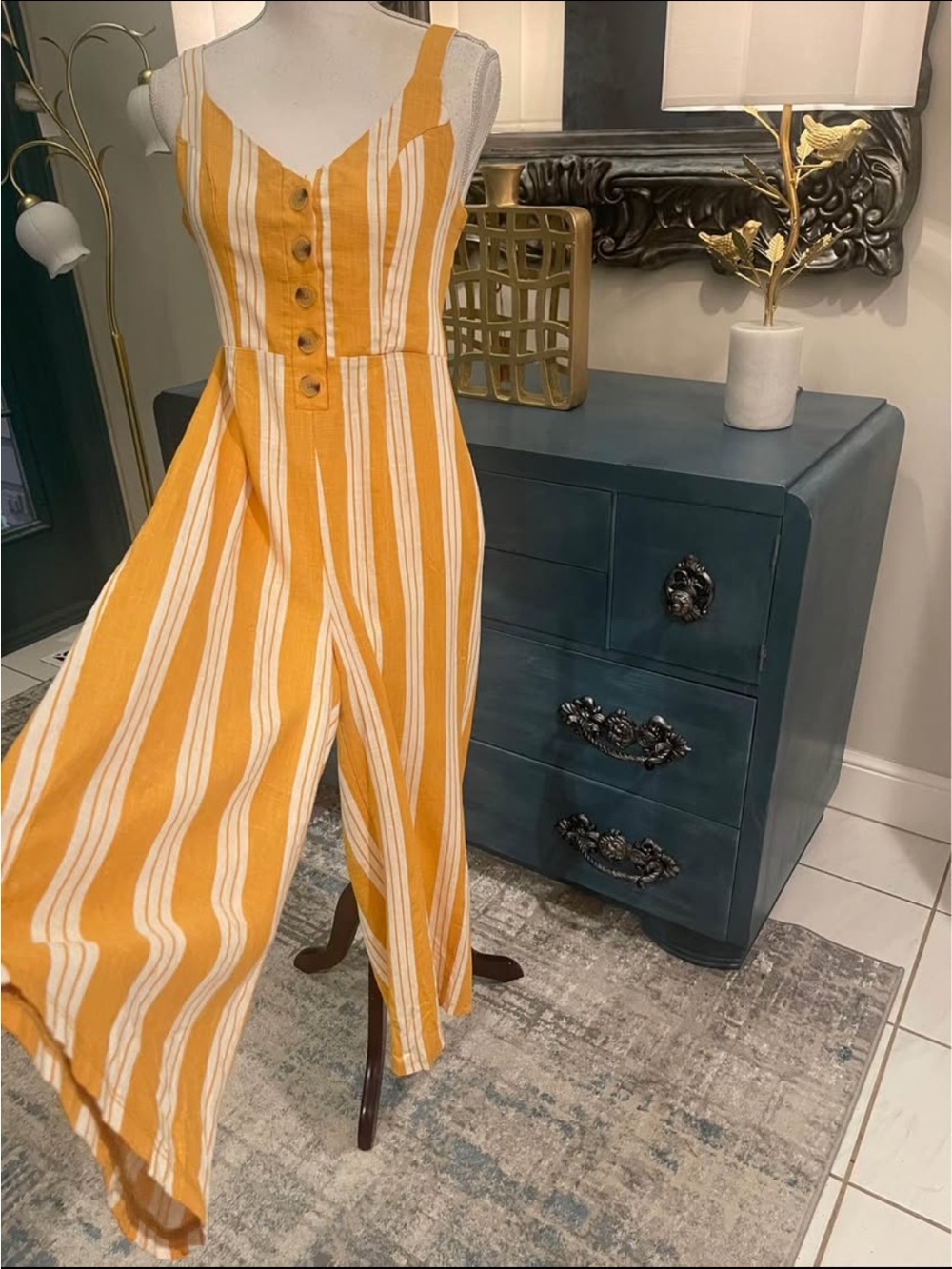 Kendall & Kylie Striped Mustard/White Wide-Leg Halter/Jumpsuit Sz S/M